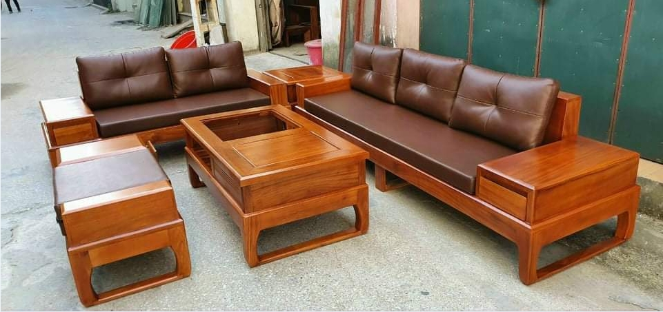 Bộ ghế sofa 2 văng chân quỳ chữ U gỗ sồi