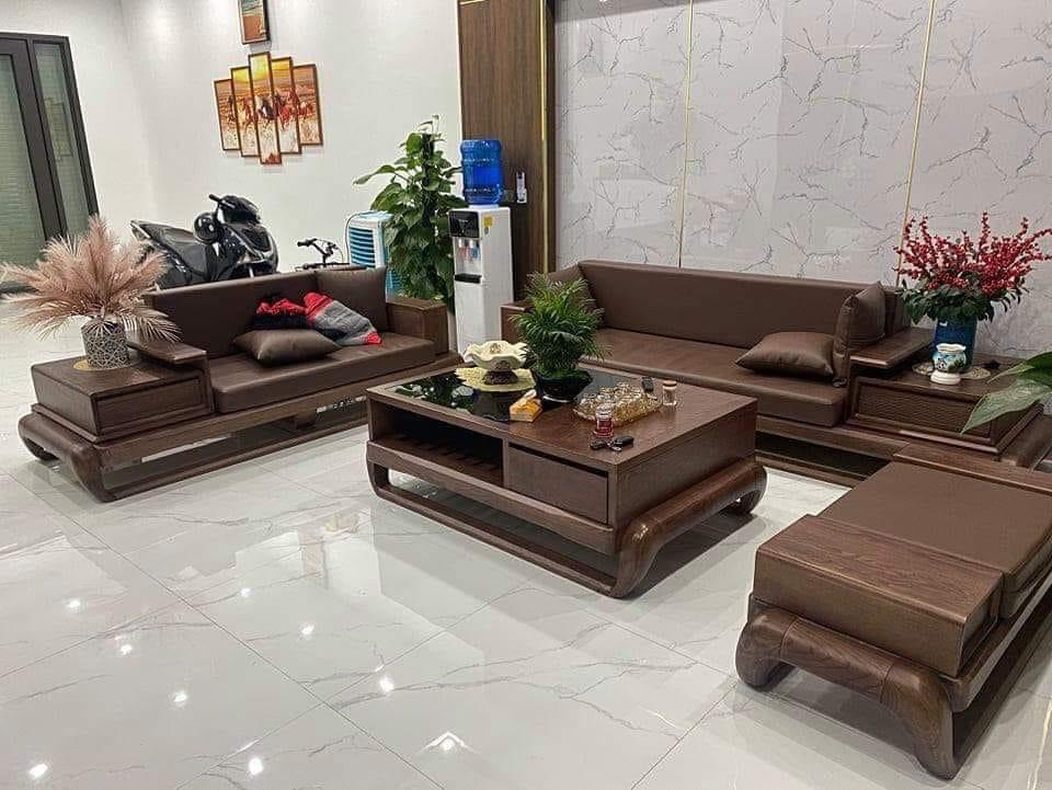 Bộ Sofa Gỗ Sồi Cao Cấp Góc Chữ L Màu Tự Nhiên Mới 2022